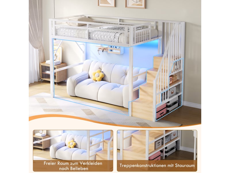  Lit mezzanine 90x200 cm avec bande lumineuse led, lit enfant avec espace de rangement, structure en fer, lit simple en blanc  - Conforama E