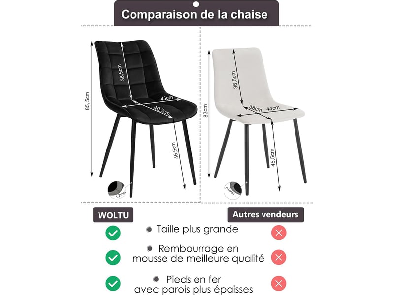  8 x chaise de salle à manger, assise rembourrée en velours épais, pieds en métal, noir  - Conforama D