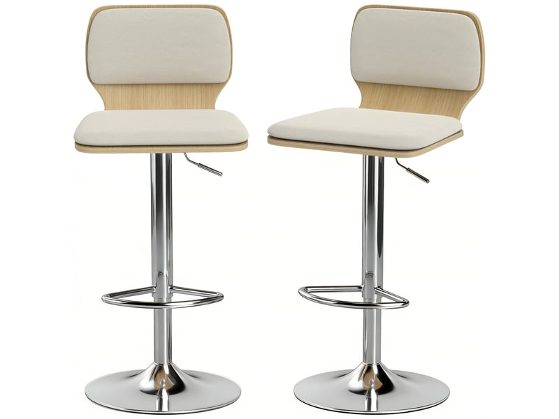  Ensemble de 2 tabourets de cuisine hauts, pivotants à 360°, hauteur réglable de 81 à 102 cm, revêtus de lin beige  - Conforama B