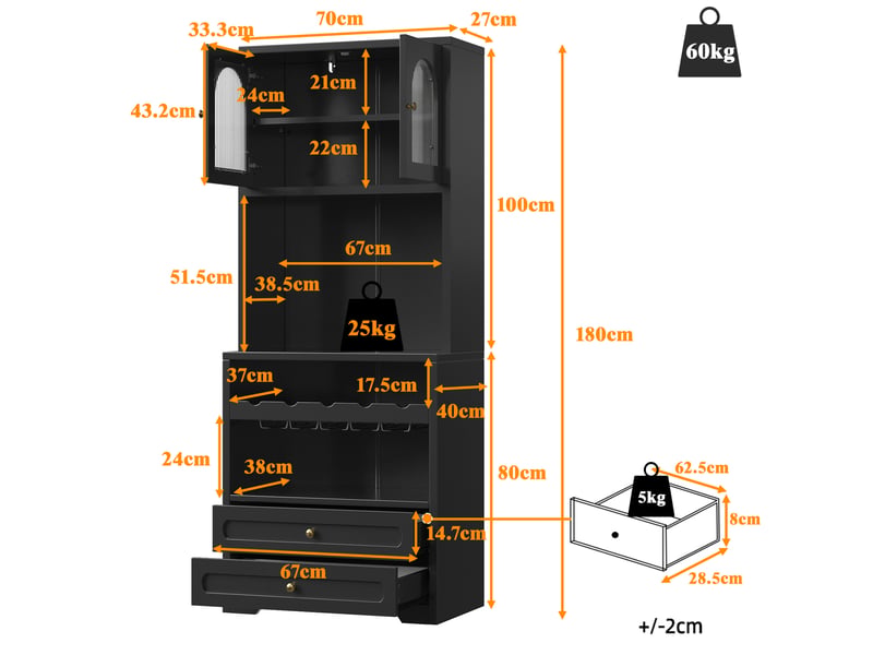  Buffet haut avec 4 portes vitrées, 4 tiroirs, led, range-bouteilles et port usb en mdf noir 140 × 40 × 180 cm  - Conforama C