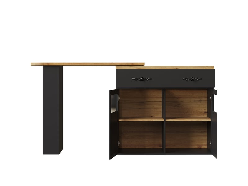  Table bar extensible 204x39x104 cm noir mdf, pivotante à 360° avec rangements pour cuisine et salon  - Conforama D