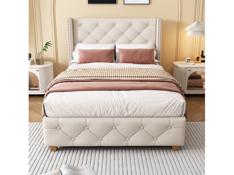  Lit rembourré 90 × 190 cm avec sommier à lattes, tête de lit capitonnée et pieds en bois, en lin beige  - Conforama D