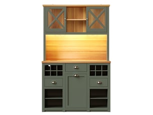 Armoire de cuisine haute 120 x 45 x 188 cm, avec portes en verre, éclairage led, porte-bouteilles, étagères réglables, vert