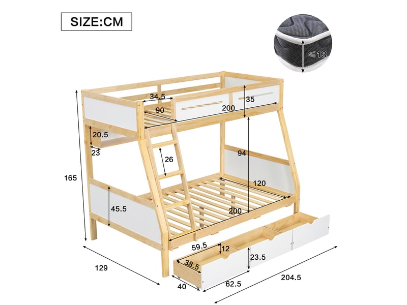 Lit superposé enfant 90x200 et 120x200 cm – blanc et naturel – 3 tiroirs et bibliothèque 2 m - sans matelas - Conforama C