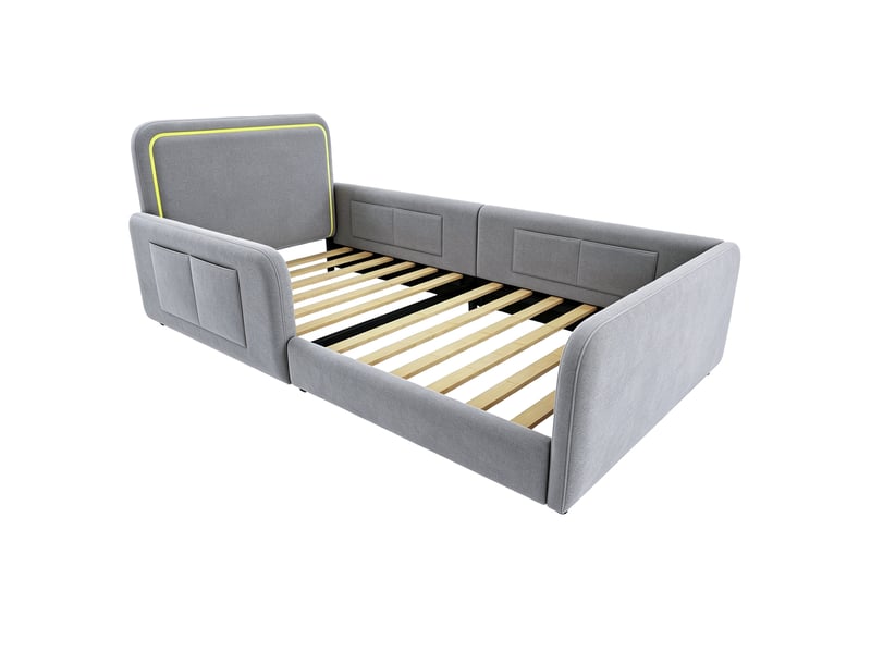  Lit enfant 90x200 cm rembourré avec led pilotable par application, lit simple avec tête de lit éclairée et poches latérales, gris OPULERANE TRADING LTD - Conforama E
