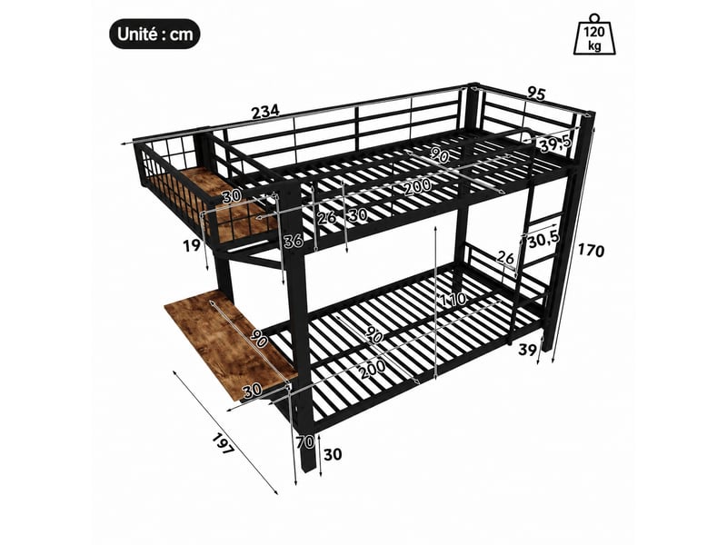  Lit superposé 90 x 200 cm avec bureau et rangement réversibles, métal noir et mdf, chambre enfant, sans matelas  - Conforama C