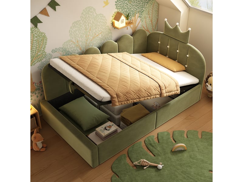  Canapé-lit pour enfant 90 x 200 cm, avec rangement hydraulique, en velours, vert  - Conforama D