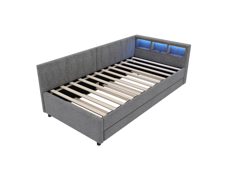  Lit enfant 90x200 cm (gigogne 90x190 cm) gain de place led couleur usb et type‑c rangements lin mdf gris sans matelas  - Conforama E