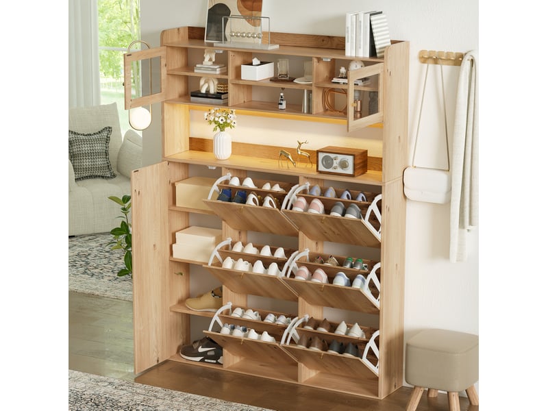  Meuble à chaussures ulevr avec 6 compartiments abattants, led et verre, 130 x 25 x 180 cm, panneau de particules naturel  - Conforama C