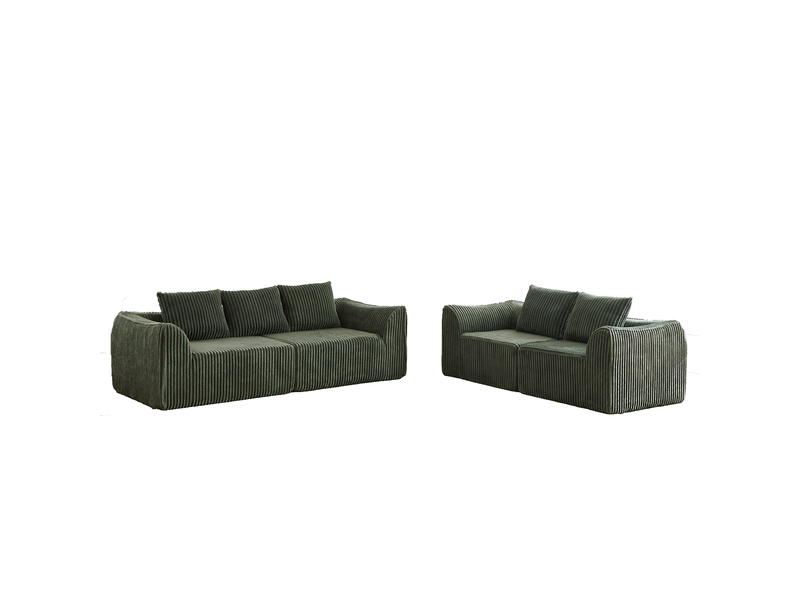 Canapé droit en velours côtelé vert, canapé 3 + 2 places avec 5 coussin, sans montage, mousse  - Conforama A