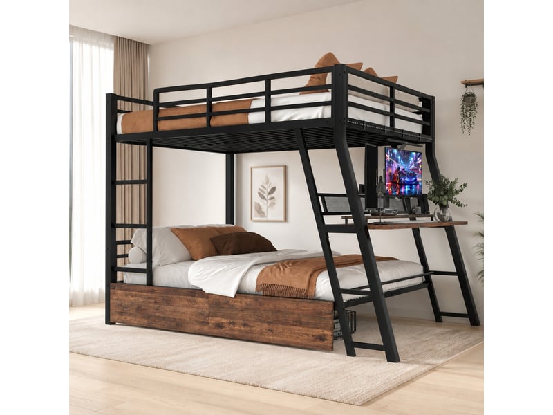  Lit mezzanine 2 couchages 140 x 200 cm avec bureau, tiroirs, led et échelles noir  - Conforama B