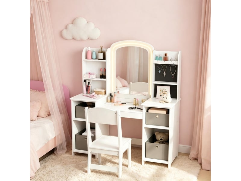 Coiffeuse enfant avec miroir led 2 couleurs 104x40x112 cm-tabouret-6 étagères-4 tiroirs tissu-mdf-blanc-3 à 8 ans - Conforama C