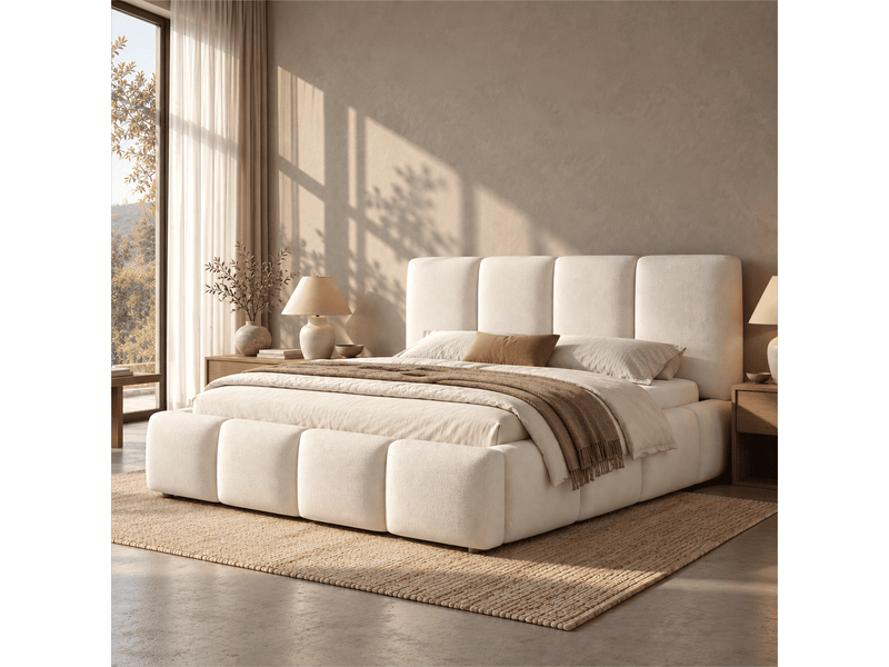  Lit coffre 160x200 cm avec rangement hydraulique, lit double, tête de lit rembourrée, design nuage, sommier à lattes, bouclé blanc  - Conforama B