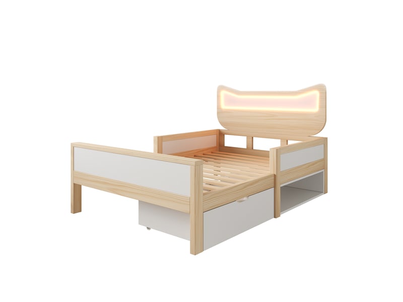  Lit enfant 90 × 200 cm, blanc et décor chêne, blanc et chêne, tête de chat et led IKSETERA TRADING LTD - Conforama W