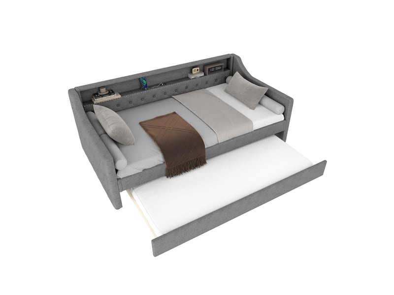  Lit banquette 90x200 avec lit gigogne, canapé lit en lin gris avec éclairage led et port usb  - Conforama A