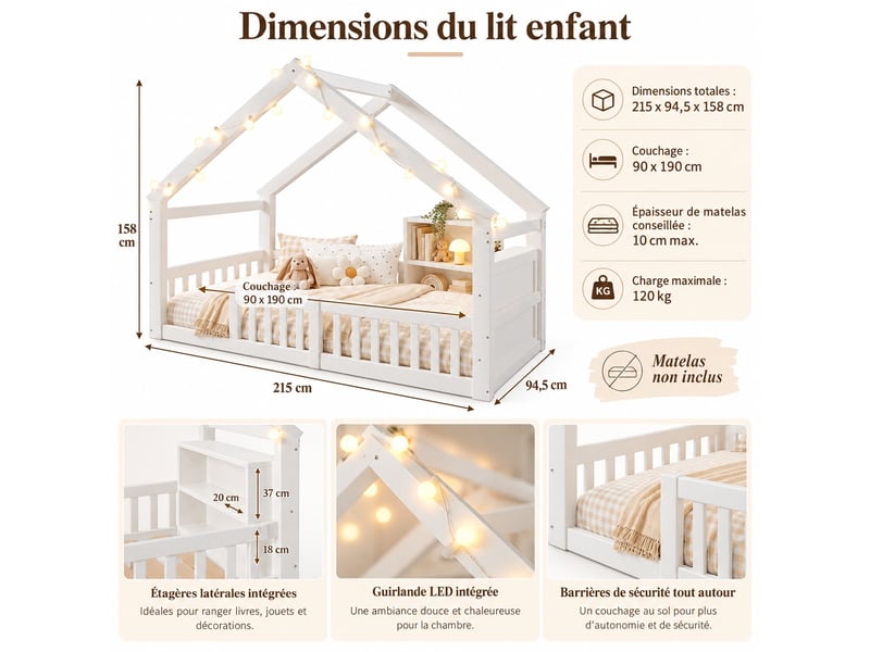  Lit cabane enfant 90 x 190 cm en pin avec guirlande led, barrières et étagères latérales de rangement, gain de place, blanc  - Conforama C