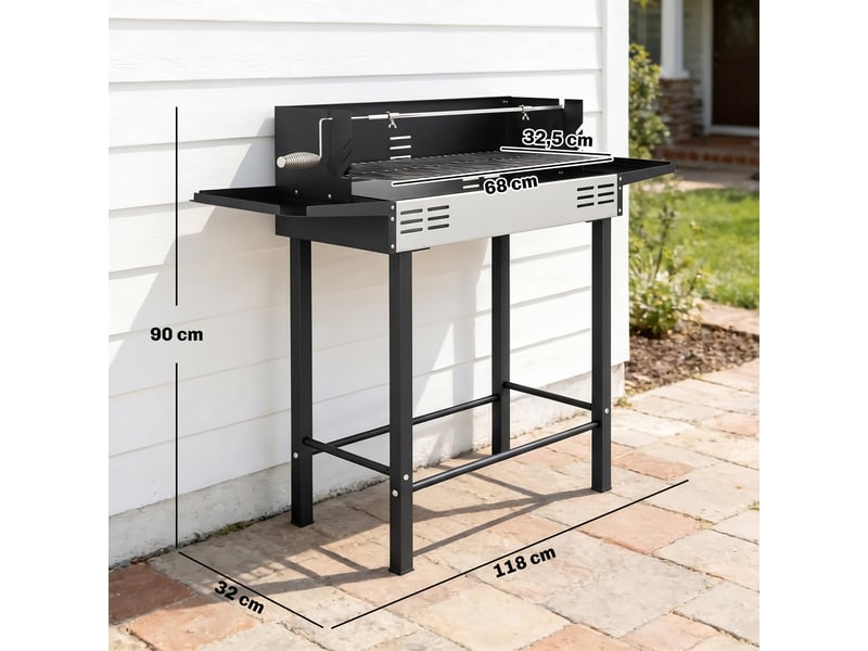  Barbecue au charbon avec tournebroche, grille réglable, 118 x 32 x 90 cm  - Conforama E