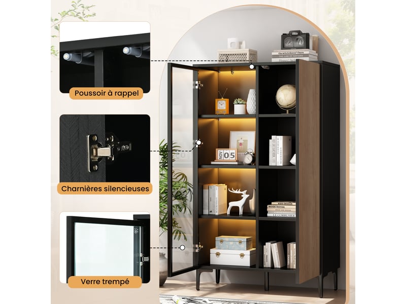  Vitrine haute 90x40x135 cm avec 2 portes dont 1 vitrée, 8 compartiments, led rgb bluetooth, mdf noir et bois, meuble de rangement salon  - Conforama E