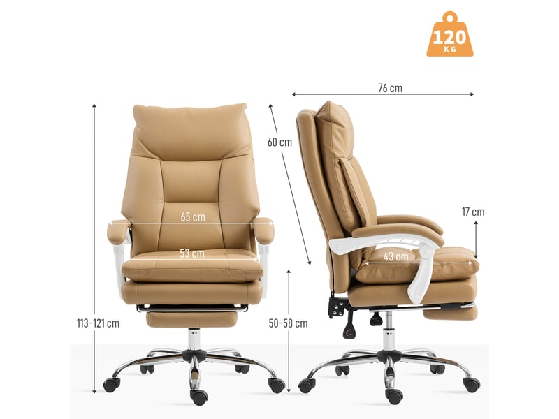 Chaise de bureau ergonomique avec soutien lombaire et repose-pieds, marron clair - Conforama E