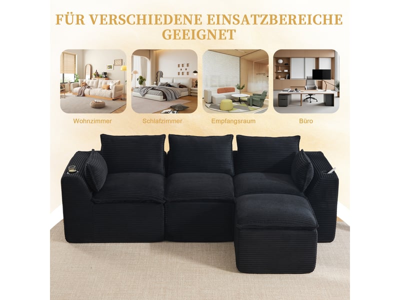  Canapé modulable 3 places en velours côtelé noir, avec pouf, 2 poches latérales, porte-gobelets, 256×161×75 cm  - Conforama W