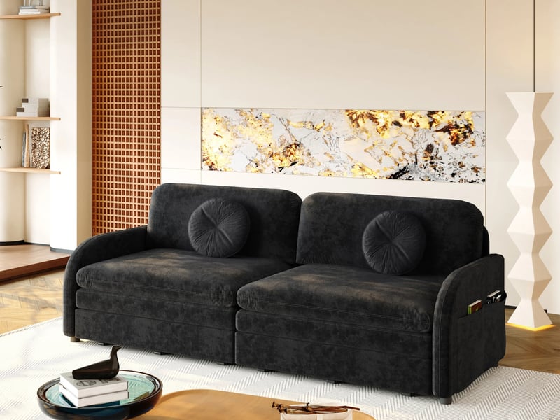 Canapé d'angle convertible ,3 places, avec coussins amples,fonction sommeil,205 x 84x89,noir - Conforama B