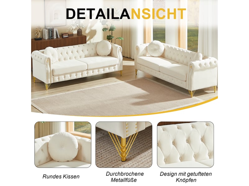  Canapé chesterfield beige en velours, 208,3 x 287,9 x 73,6 cm, pieds en métal, boutons capitonnés, clous dorés  - Conforama D