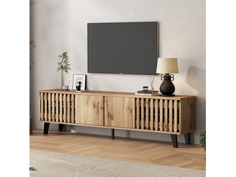  Meuble tv 180x40x55 cm, 8 compartiments, pour téléviseur jusqu’à 70 pouces, coloris naturel  - Conforama D