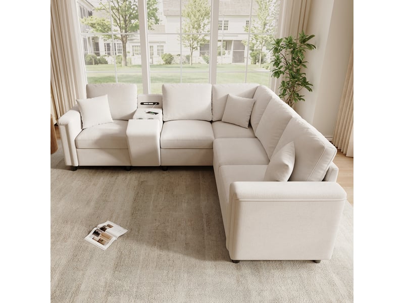  Canapé d’angle 5 places 235x208x83 cm, canapé de salon, sofa modulable, usbtype-c, rangement, porte-gobelets, lampe de lecture, chenille, beige CozyNest - Conforama E