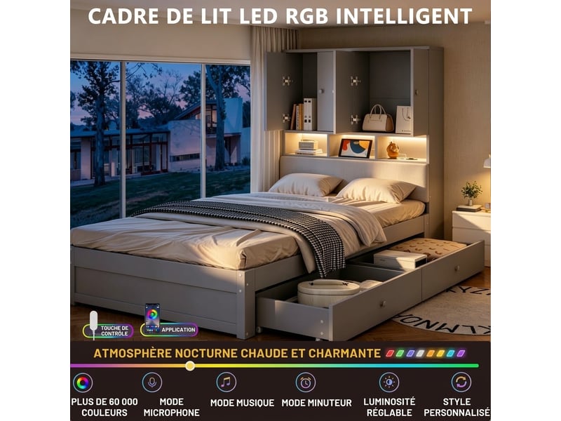  Lit multifonctionnel en bois 90 × 200 cm avec tête de lit rembourrée, rangements intégrés, étagères, éclairage led, prise électrique, tiroirs et sommier à lattes, gris  - Conforama D