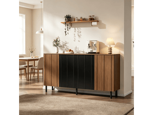 Buffet de rangement, 160 x 35 x 80 cm, avec 10 compartiments, en panneaux de particules, coloris noyer et noir, pour salle à manger