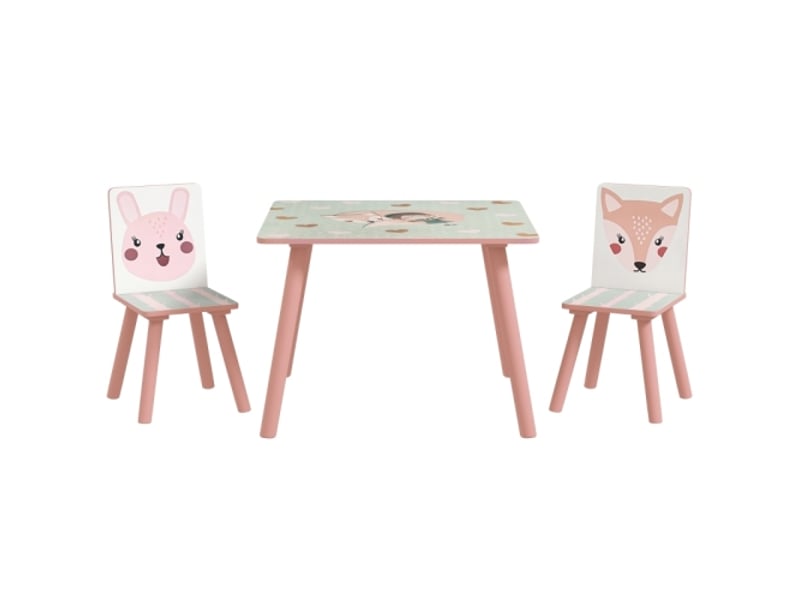 Ensemble table et 2 chaises enfant en pin, motif animal, 3-8 ans, rose, chambre enfant - Conforama A