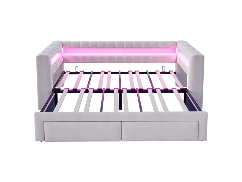Lit banquette convertible en velours, lit simple et double 190x90 et 190x180 cm, 2 tiroirs, led et usb, matelas non précisé - Conforama E