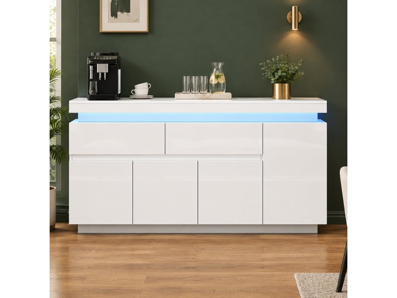  Buffet bas blanc à led – 2 tiroirs, 4 portes, 140 x 35 x 72,5 cm  - Conforama B