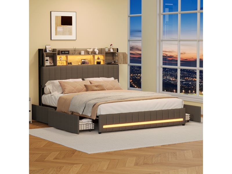  Lit 140 x 190 avec sommier, 4 tiroirs rangement, tête de lit rangement, led rgb, prise eu + usb, tissu lin gris  - Conforama D