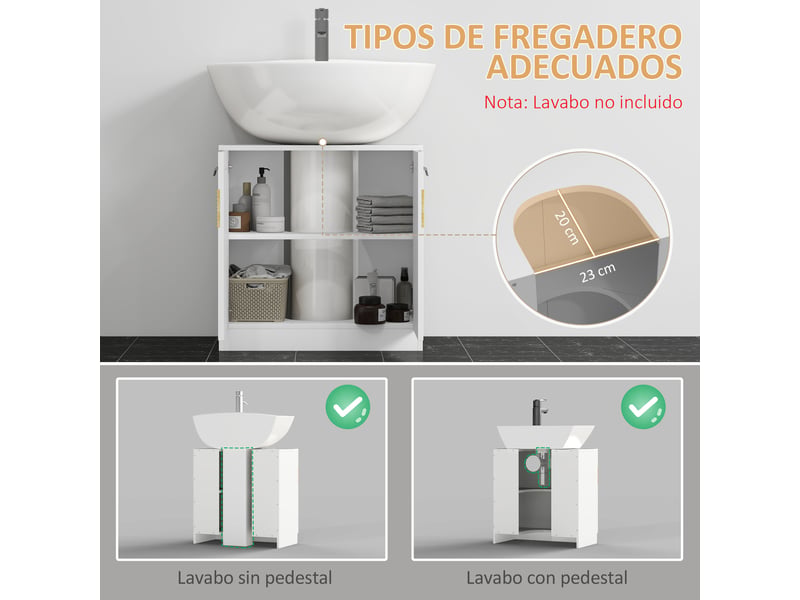  Meuble sous lavabo blanc 60 cm, 2 portes, découpe en u et étagère réglable  - Conforama R