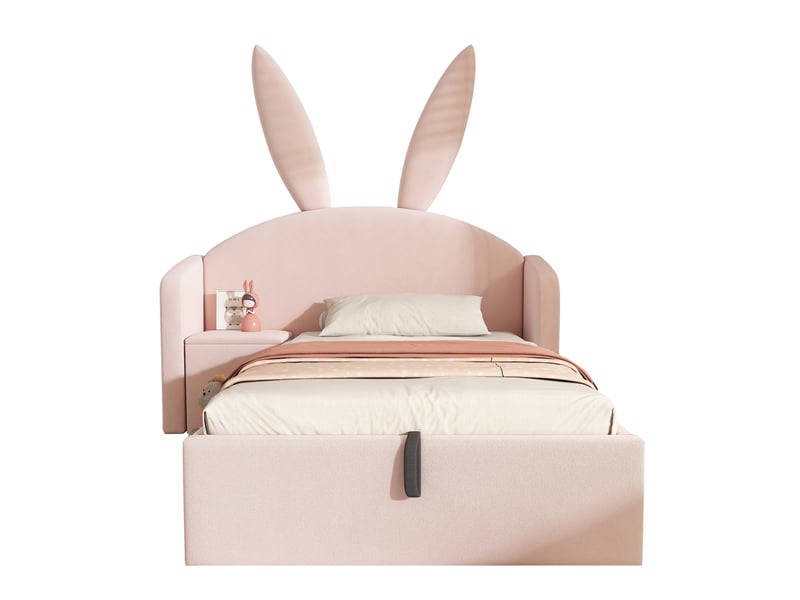 Lit enfant rembourré 90x190 cm avec rangement et table de chevet, tête de lit oreilles de lapin, lit et ado en velours, rose (sans matelas) - Conforama A