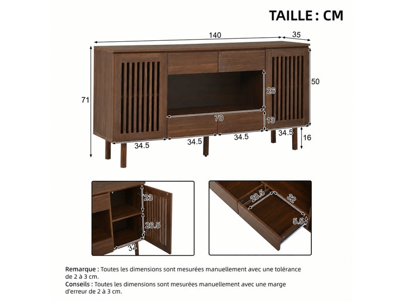 Buffet bas couleur noyer avec portes à lamelles, 140 × 35 × 71 cm - Conforama C