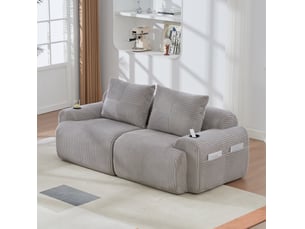 Canapé modulaire 2 places en velours côtelé gris clair avec porte-gobelets et poche latérale