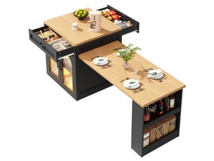 Desserte de cuisine extensible avec 2 tiroirs, étagère réglable, portes vitrées et led, en mdf noir, 126 × 59 × 94 cm