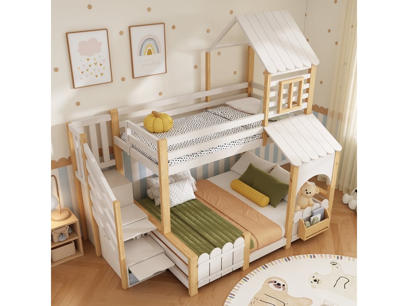  Lit superposé enfant 3 places 90×200 et 140×200 cm, escalier rangement - okmyhome- étagère, sans matelas, bois blanc  - Conforama C