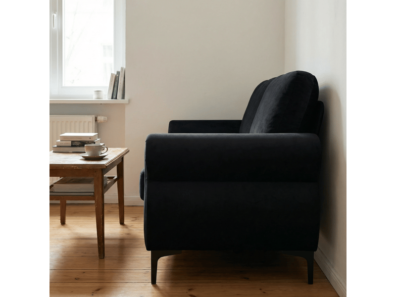  Canapé droit 2 places noir, structure métallique et bois massif, revêtement en tissu polyester respirant, idéal pour petits espaces  - Conforama D