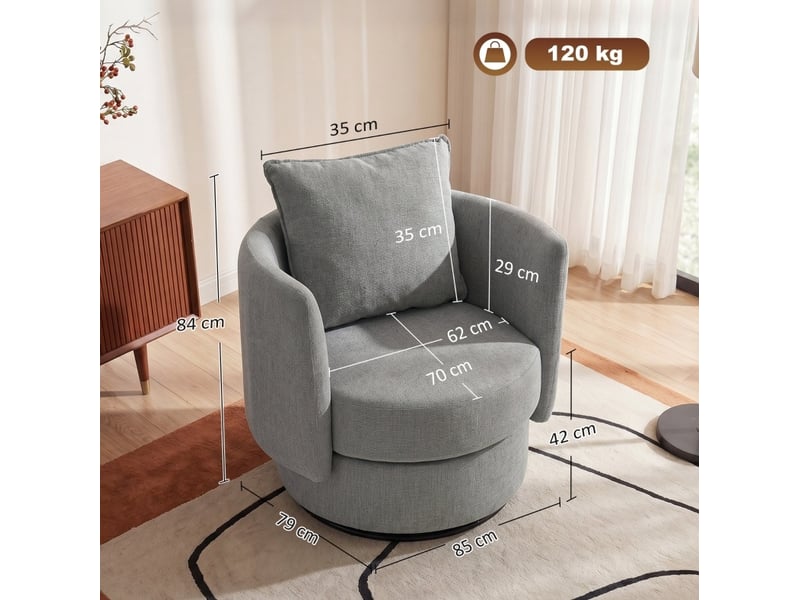  Fauteuil club pivotant à 360 degrés avec coussin et double suspension, en polyester gris clair, 85 × 79 × 84 cm  - Conforama C