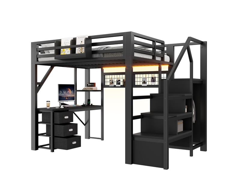  Lit mezzanine 140x200 cm, bureau intégré, 3 tiroirs rangement led, garde-corps sécurité, métal et mdf noir sans matelas  - Conforama E