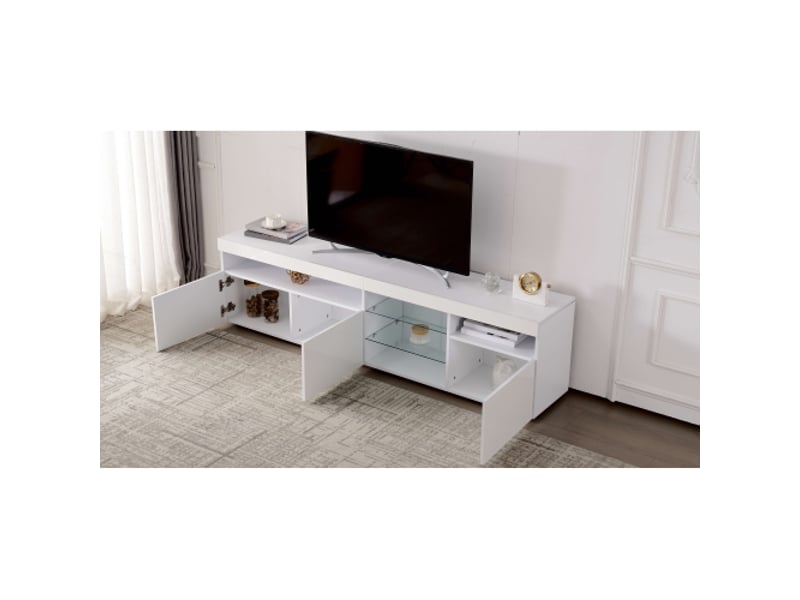  Meuble tv blanc 180 cm avec panneau rétroéclairé et leds multicolores – design moderne pour salon  - Conforama E