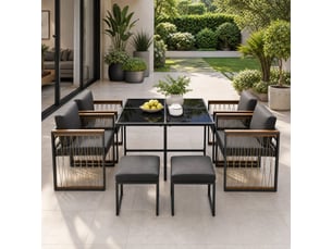 Salon de jardin 7 pièces noir et bois, table en verre trempé 117 x 117 cm, 6 places pour vos repas extérieurs