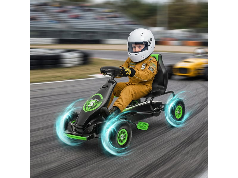  Karting à pédales pour enfants de 5 à 12 ans avec siège réglable, en métal et polypropylène, dimensions : 121 x 58 x 61 cm, vert et noir.  - Conforama C