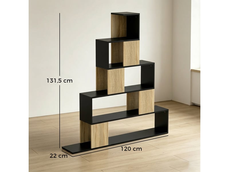  Étagère de rangement, bibliothèque géométrique à 5 niveaux, pour bureau, salon, chambre, noir et bois naturel  - Conforama E