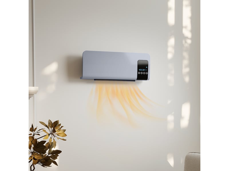  Chauffage soufflant oscillant mural avec télécommande, minuterie 12 heures et 2 modes de fonctionnement, 54,5 x 12 x 21,5 cm, gris  - Conforama C