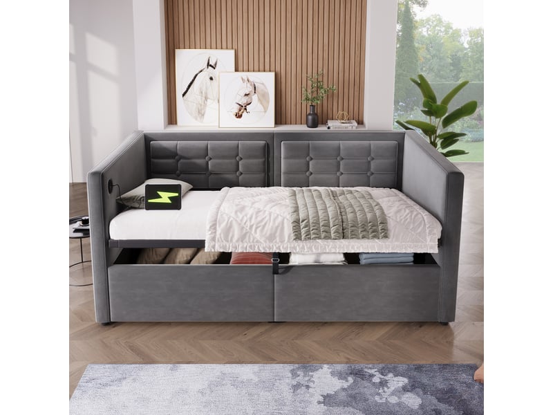  Lit banquette 1 place 90x200 cm en velours gris avec coffre hydraulique, usb et type-c, sans matelas  - Conforama B