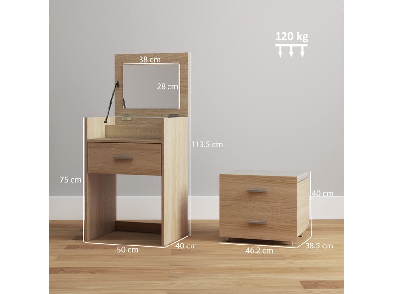  Coiffeuse avec miroir pliant, tiroirs et tabouret, en bois et tissu effet lin, coloris bois  - Conforama C